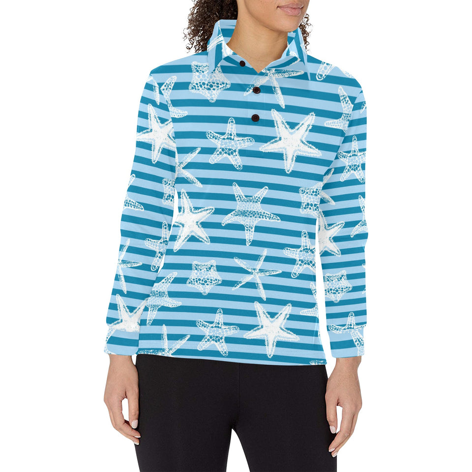 Starfish blue blackground Women's Long Sleeve Polo Shirt