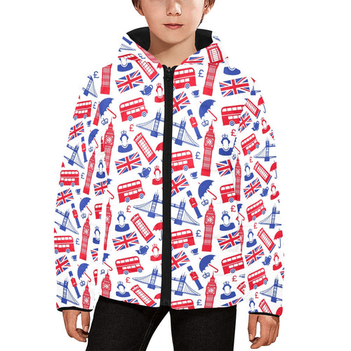 British Pattern Print Design 01 Kids' Boys' Girls' Padded Hooded Jacket