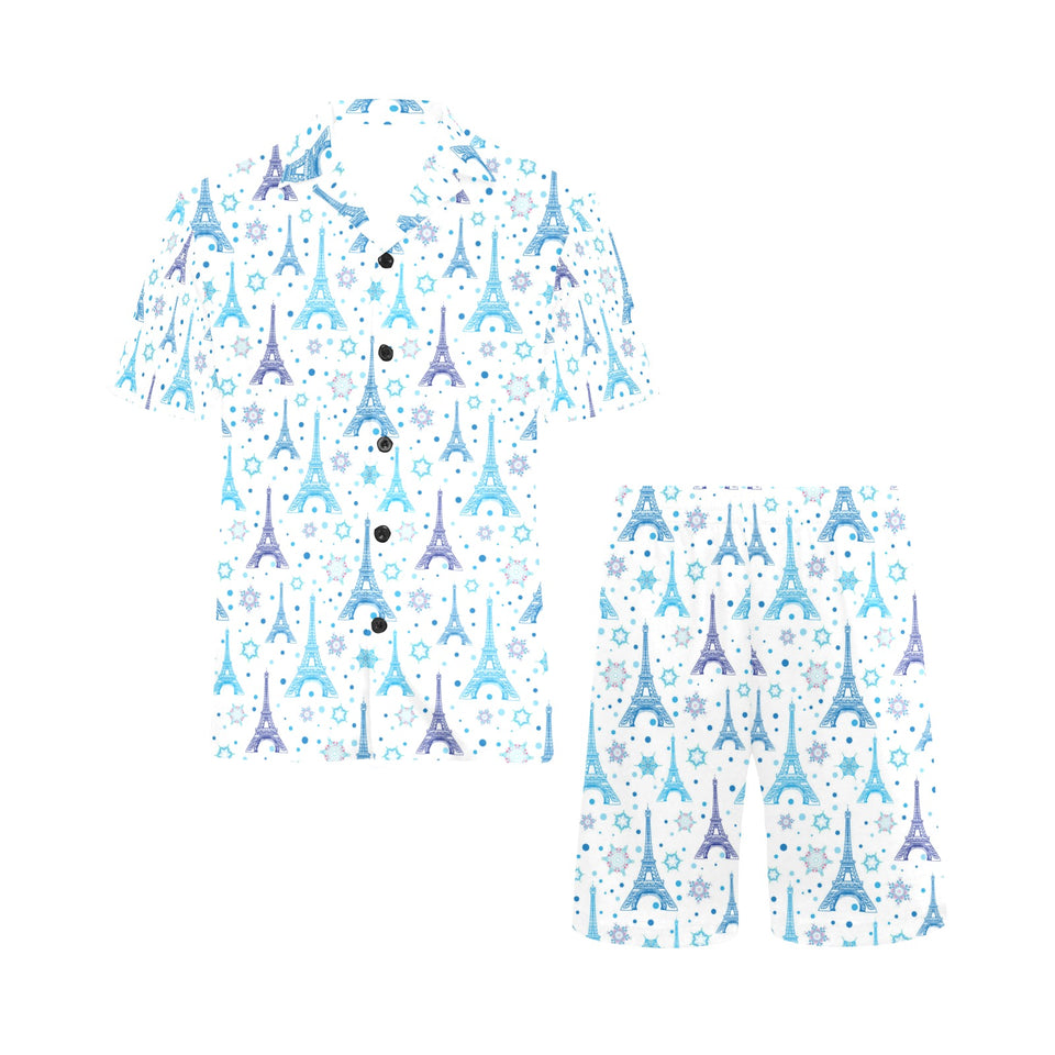 Blue Eiffel Tower Theme Pattern Print Design 01 Men's V-Neck Short Pajama Set