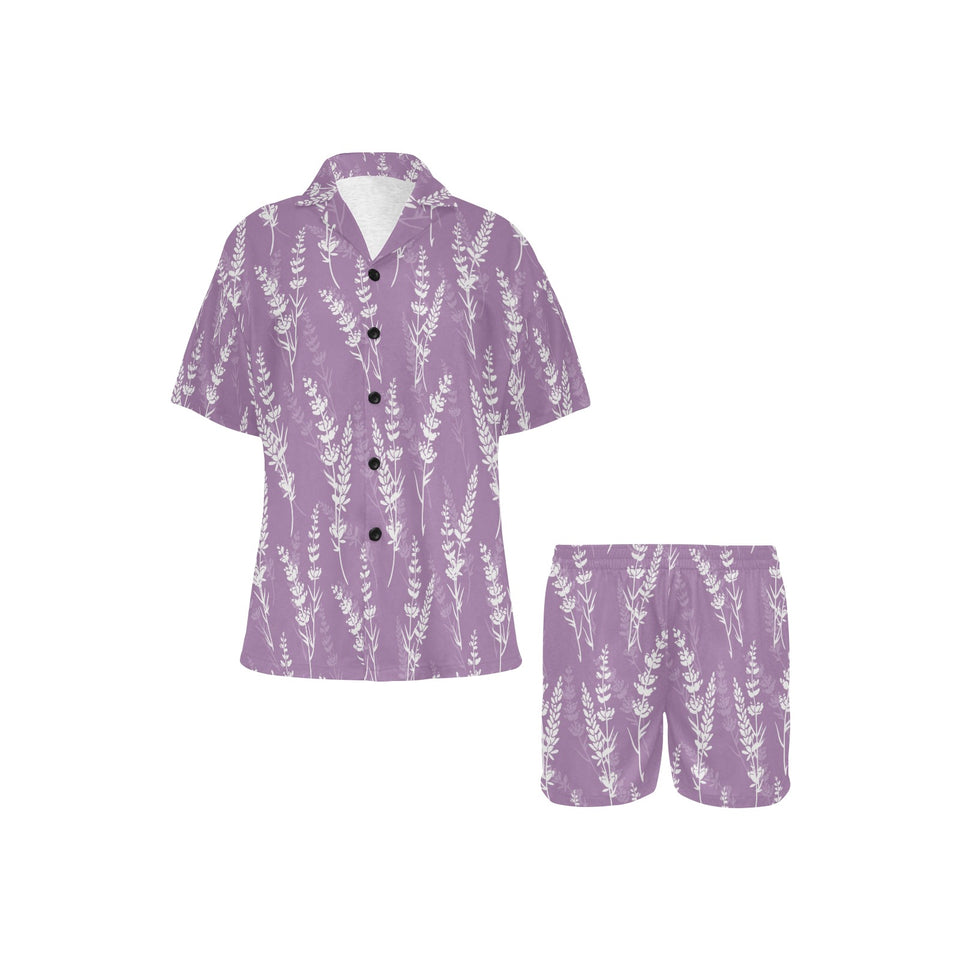 Lavender flowers purple pattern Women's V-Neck Short Pajama Set
