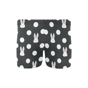 Cute white rabbit polka dots black background Men's Swimming Trunks