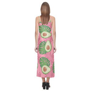 Avocado slices leaves pink back ground V-Neck Open Fork Long Dress
