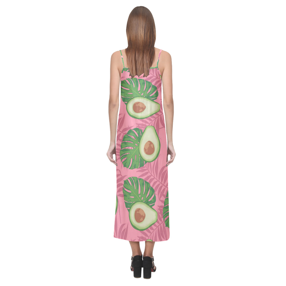 Avocado slices leaves pink back ground V-Neck Open Fork Long Dress