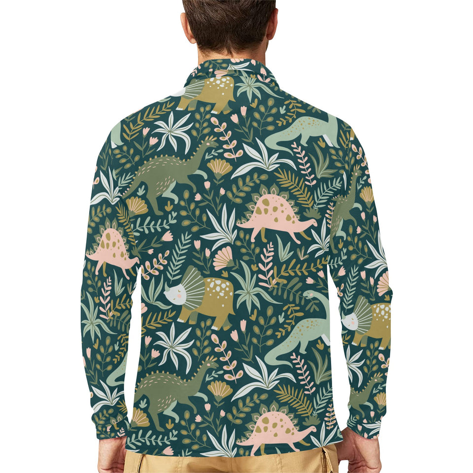 dinosaurs tropical leaves flower pattern Men's Long Sleeve Polo Shirt