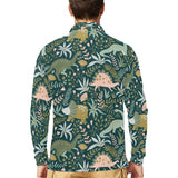 dinosaurs tropical leaves flower pattern Men's Long Sleeve Polo Shirt