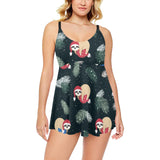 Cute sloths sleeping christmas ball santa hat patt Chest Sexy Pleated Two Piece Swim Dress