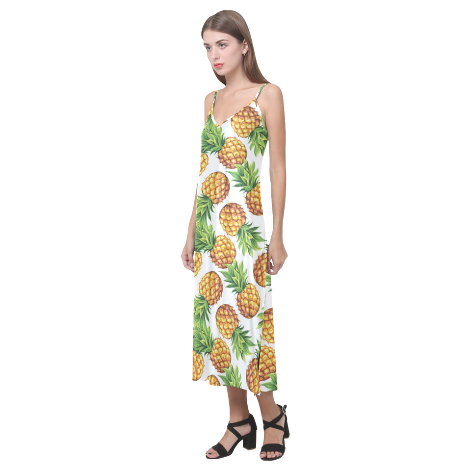 Pineapples design pattern V-Neck Open Fork Long Dress