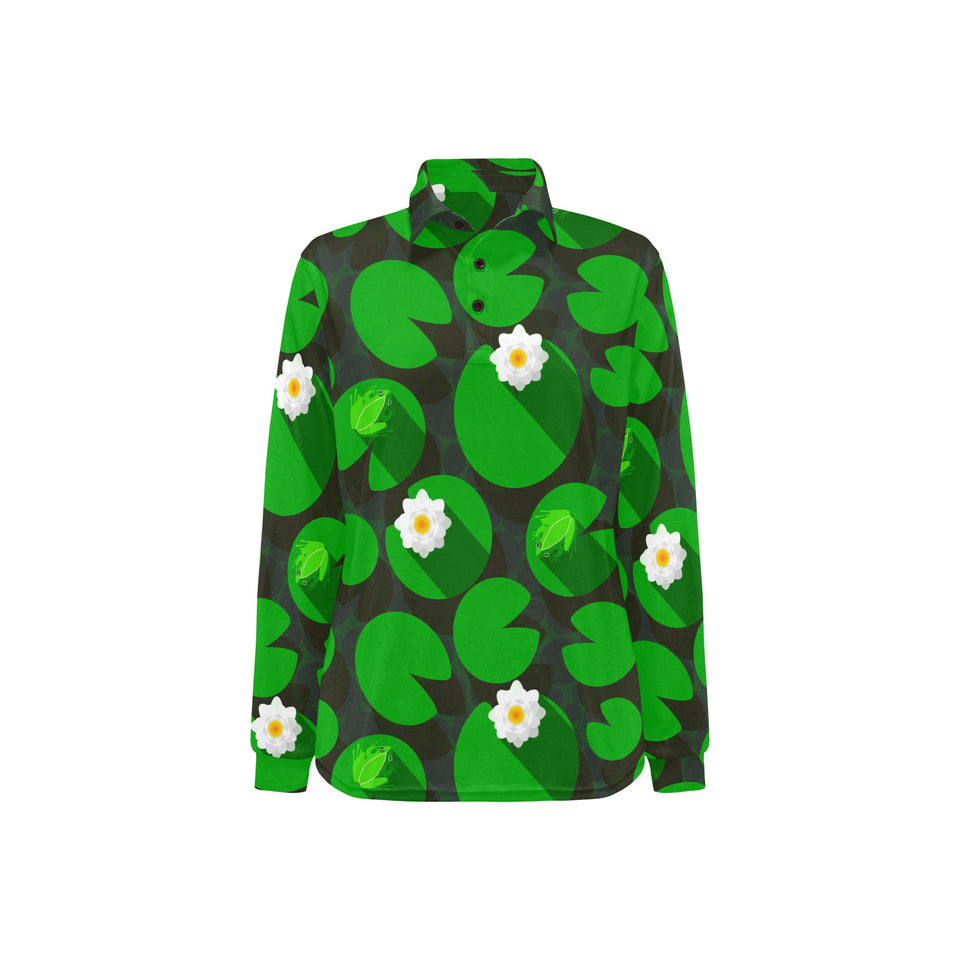 Frog waterlily pattern Women's Long Sleeve Polo Shirt