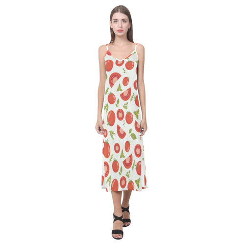 Tomato pattern V-Neck Open Fork Long Dress