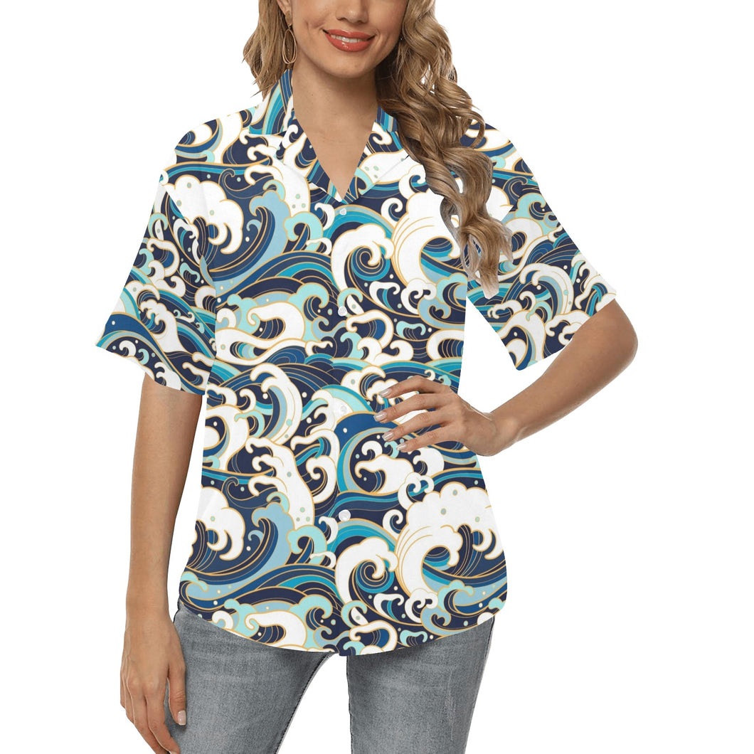 Japanese wave pattern Women's All Over Print Hawaiian Shirt