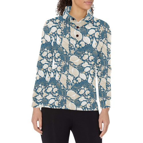 Sea turtle Polynesian Tribal design pattern Women's Long Sleeve Polo Shirt