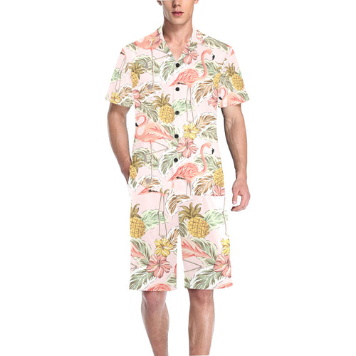 Pink flamingo birds pineapples hibiscus flower pat Men's V-Neck Short Pajama Set