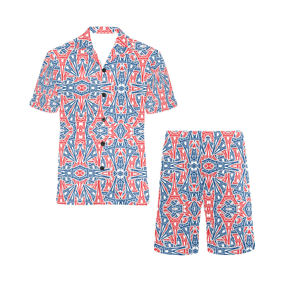 Blue Red Eiffel Tower Pattern Print Design 02 Men's V-Neck Short Pajama Set