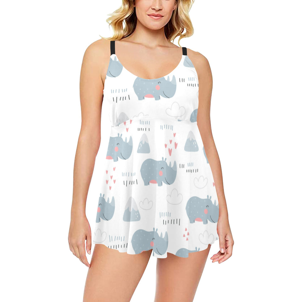 cute rhino heart pattern Chest Sexy Pleated Two Piece Swim Dress