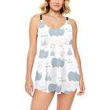cute rhino heart pattern Chest Sexy Pleated Two Piece Swim Dress