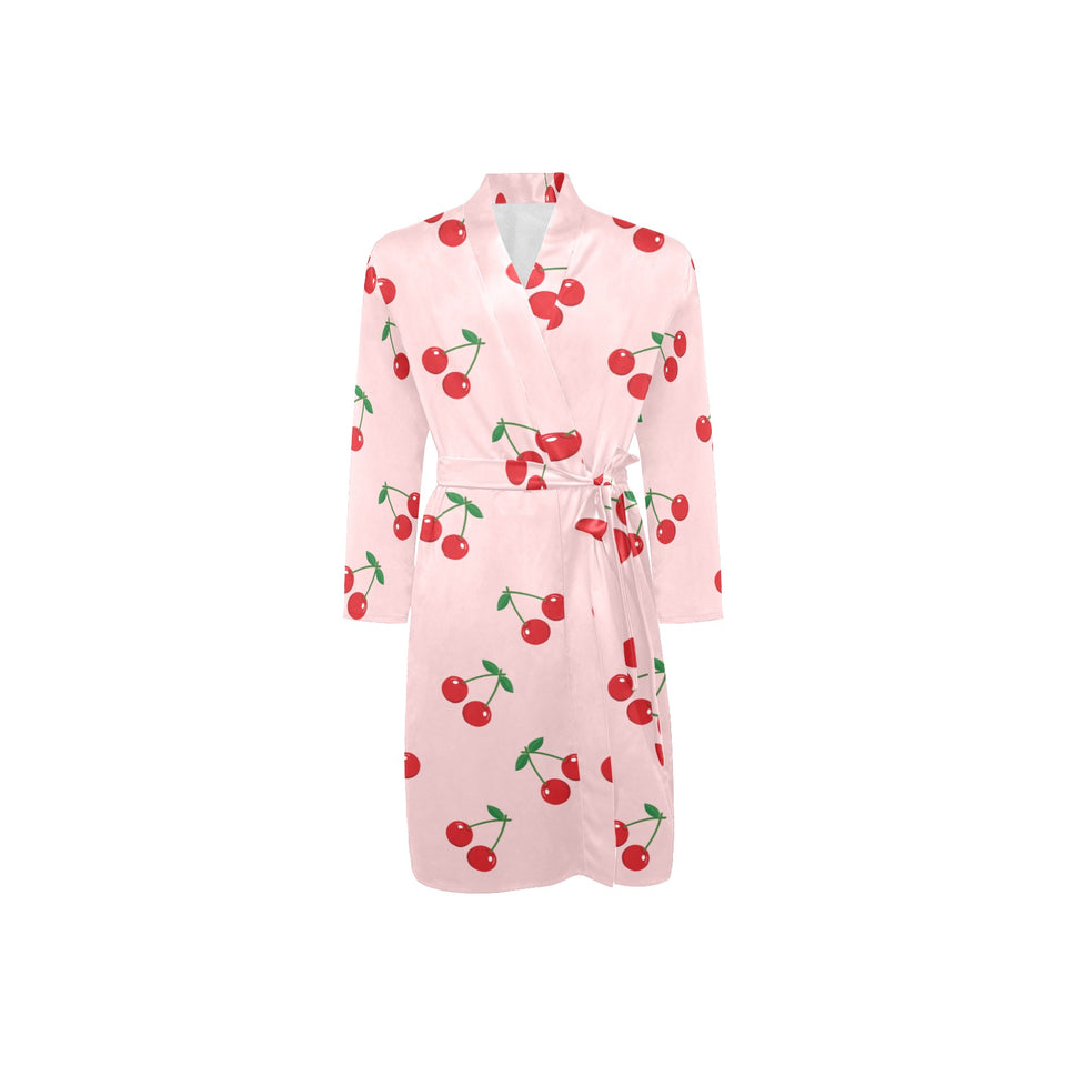 cherry pattern pink background Men's Long Sleeve Belted Night Robe