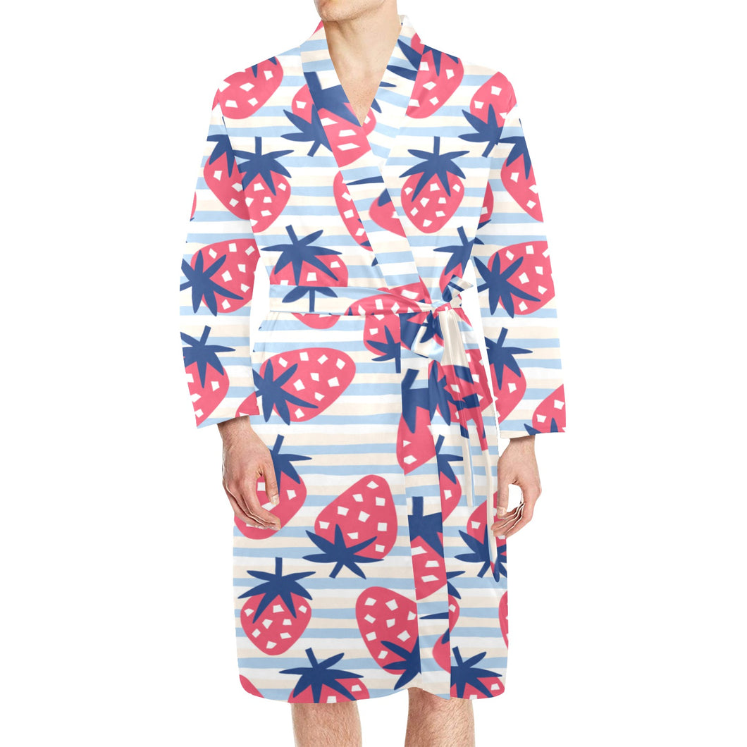 Strawberry pattern blue lines background Men's Long Sleeve Belted Night Robe