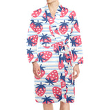 Strawberry pattern blue lines background Men's Long Sleeve Belted Night Robe