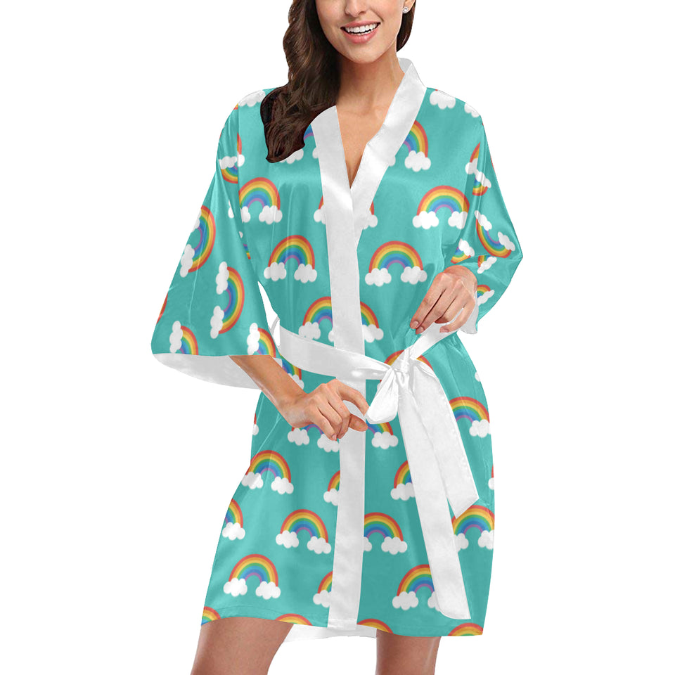 Rainbow pattern green background Women's Short Kimono Robe
