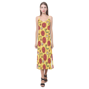 Pizza texture pattern V-Neck Open Fork Long Dress