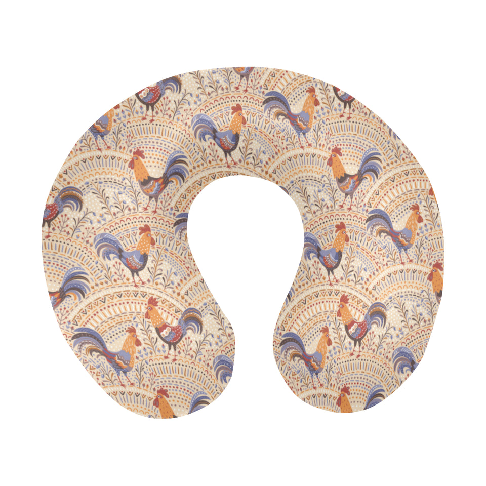Cute rooster chicken cock floral ornament backgrou U-Shaped Travel Neck Pillow