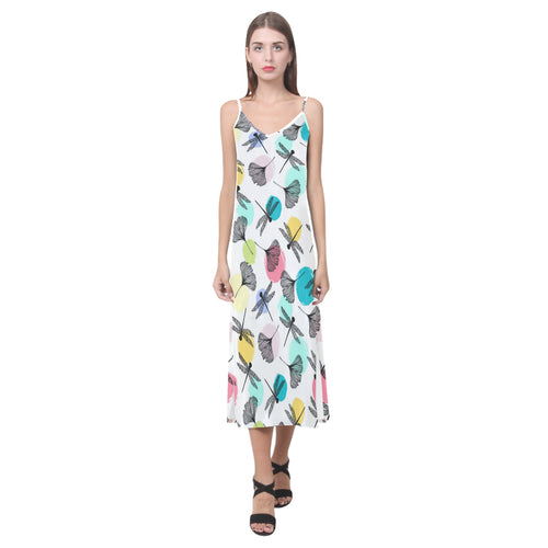 Dragonflies ginkgo leaves pattern V-Neck Open Fork Long Dress