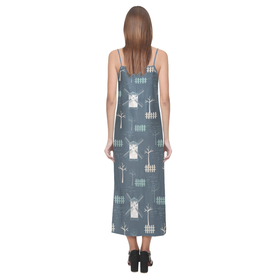 windmill tree pattern V-Neck Open Fork Long Dress