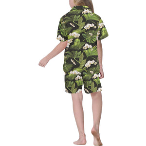 White orchid flower tropical leaves pattern blackg Kids' Boys' Girls' V-Neck Short Pajama Set