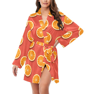 Oranges pattern red background Women's Long Sleeve Belted Night Robe