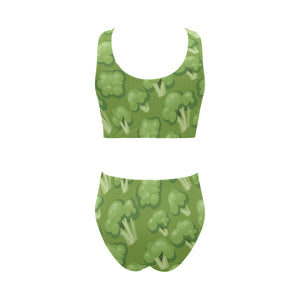 Broccoli pattern green background Chest Bowknot High Waisted Bikini Swimsuit