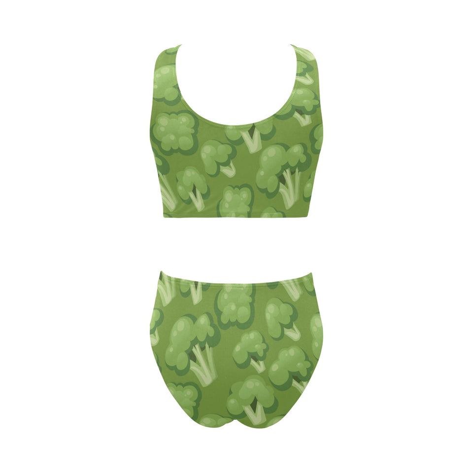 Broccoli pattern green background Chest Bowknot High Waisted Bikini Swimsuit