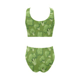 Broccoli pattern green background Chest Bowknot High Waisted Bikini Swimsuit