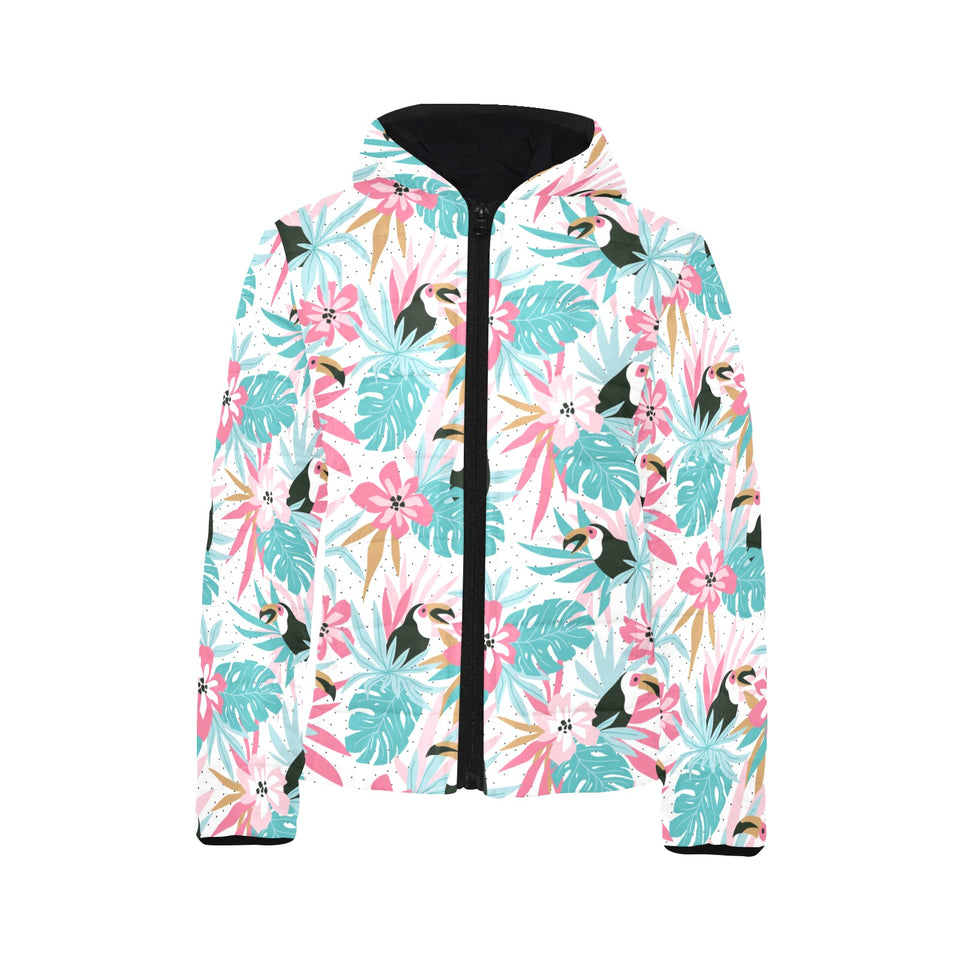 Toucan tropical flower leave pattern Kids' Boys' Girls' Padded Hooded Jacket