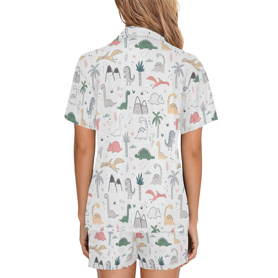 Cute cartoon dinosaurs tree pattern Women's V-Neck Short Pajama Set