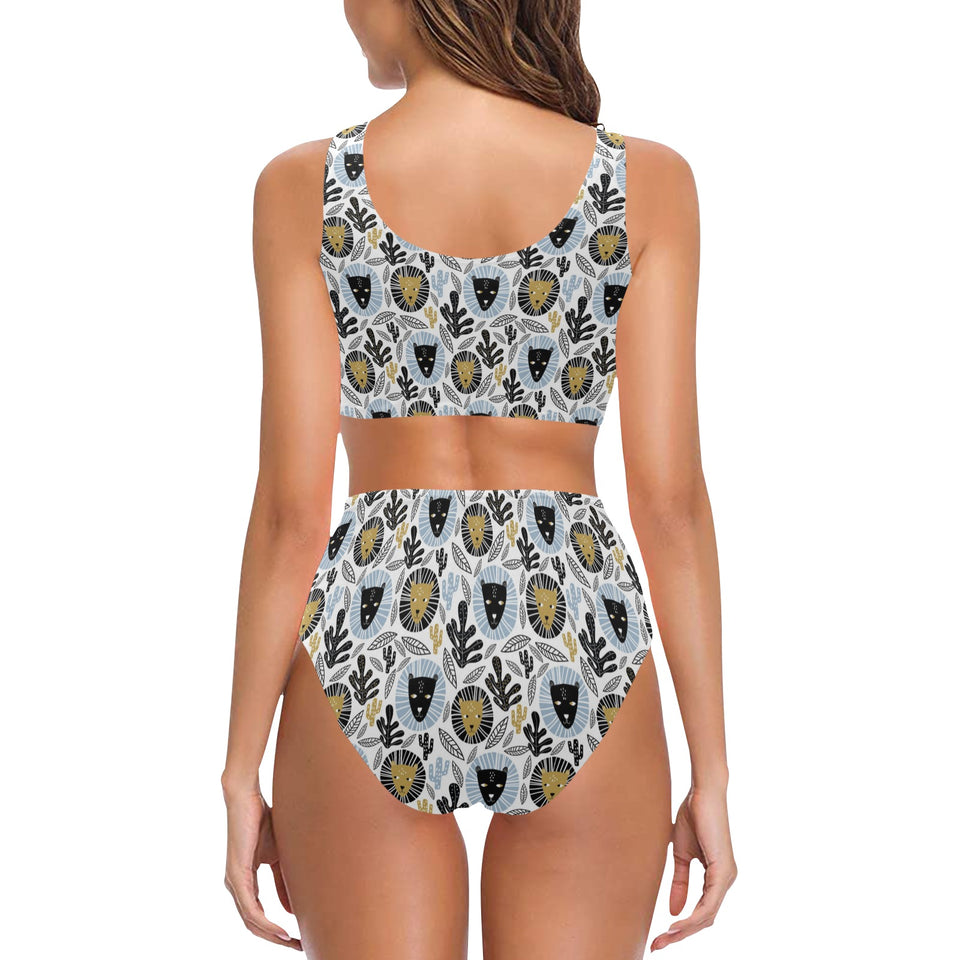 Lion Pattern Print Design 05 Chest Bowknot High Waisted Bikini Swimsuit