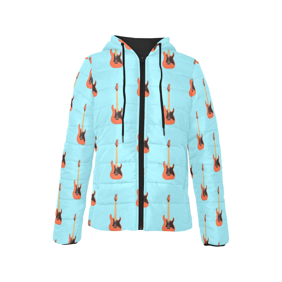 electric guitar pattern light blue background Women's Padded Hooded Jacket