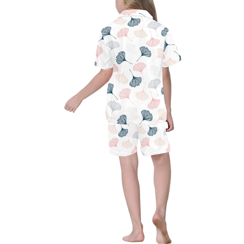 Black Gray Cream coral ginkgo leaves pattern Kids' Boys' Girls' V-Neck Short Pajama Set