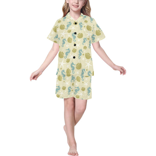 Seahorse shell starfish pattern background Kids' Boys' Girls' V-Neck Short Pajama Set