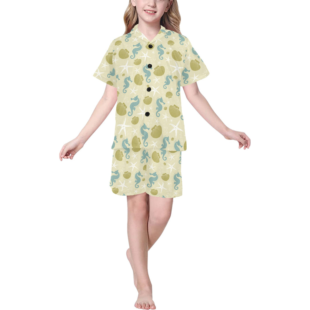 Seahorse shell starfish pattern background Kids' Boys' Girls' V-Neck Short Pajama Set
