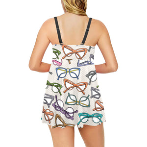Sun Glasses Pattern Print Design 01 Chest Sexy Pleated Two Piece Swim Dress
