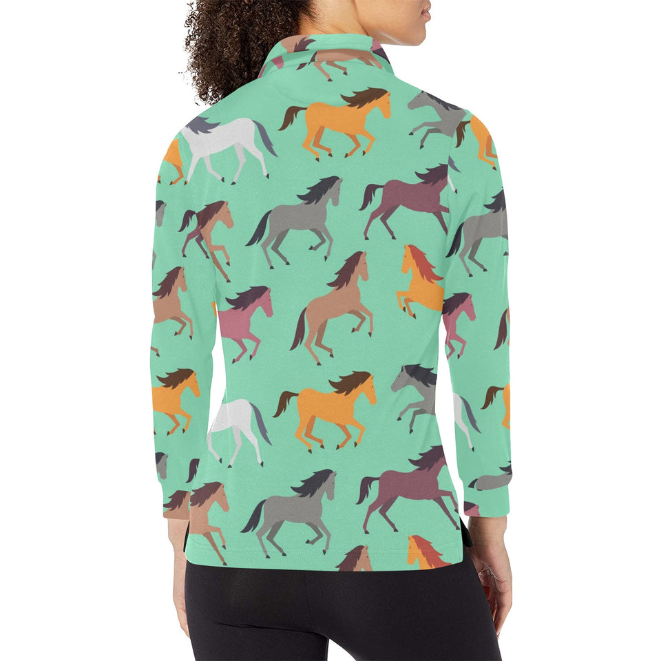 Colorful horses pattern Women's Long Sleeve Polo Shirt