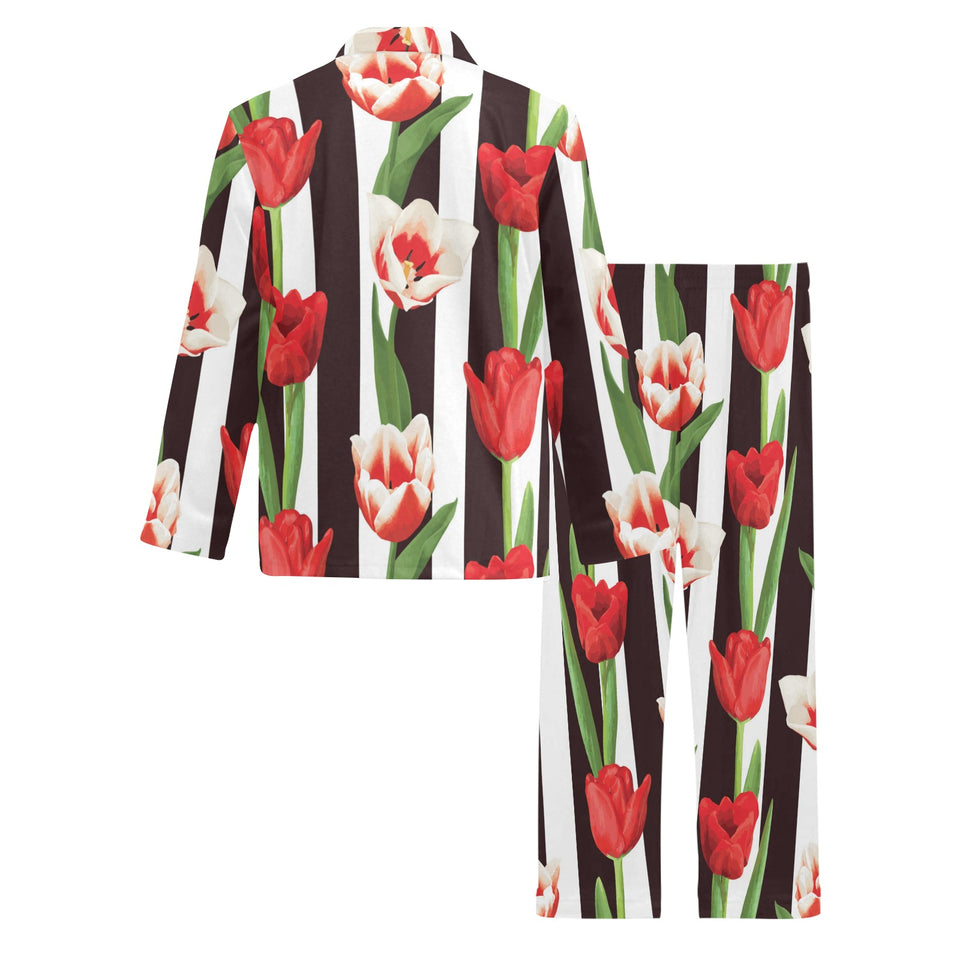 red and white tulips pattern Men's Long Pajama Set