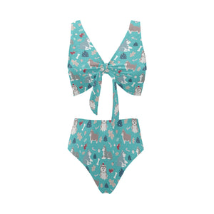 Christmas cute siberian husky puppie pattern Chest Bowknot High Waisted Bikini Swimsuit