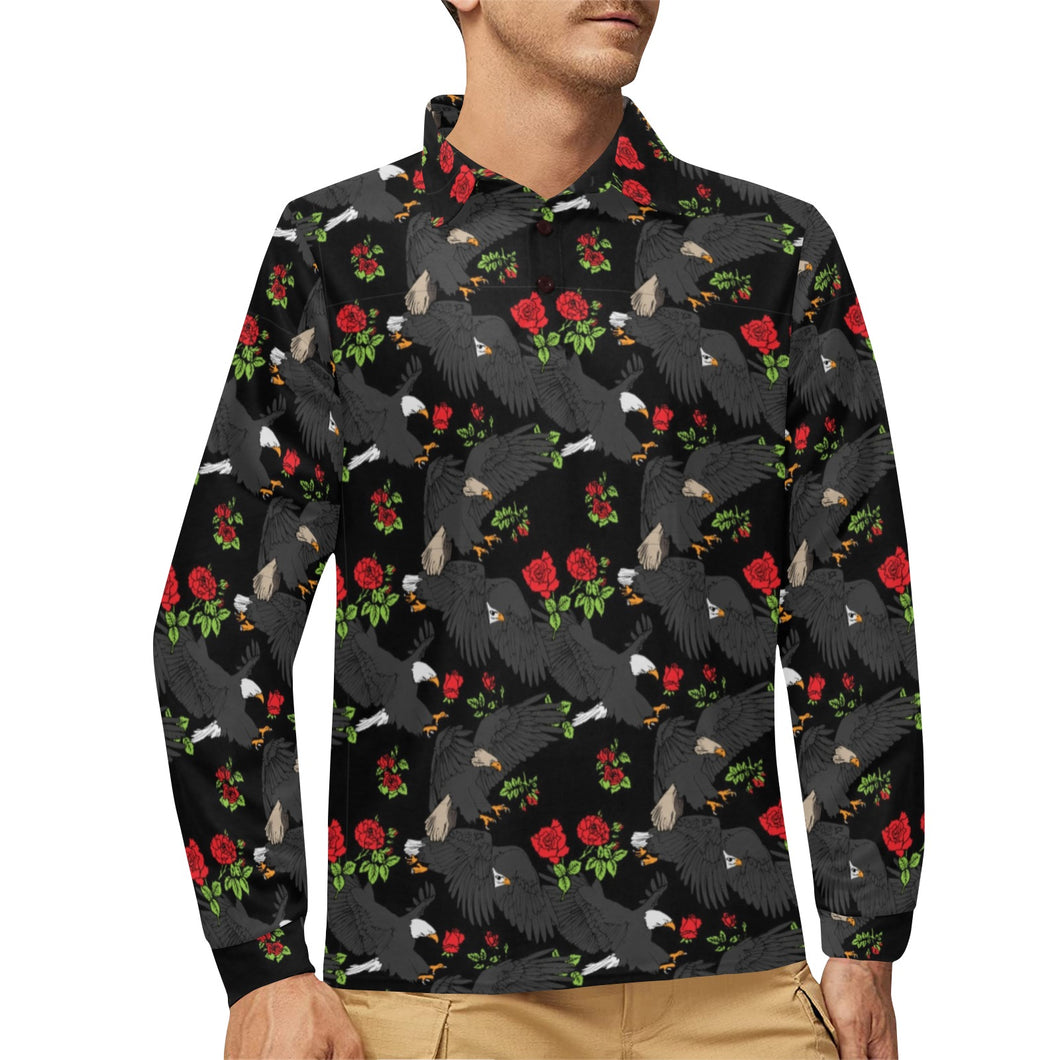 Eagle Pattern Print Design 04 Men's Long Sleeve Polo Shirt