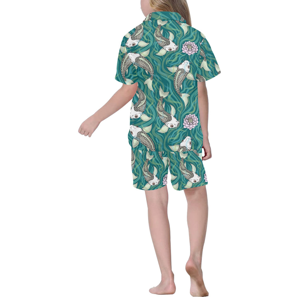 Koi Fish Carp Fish lotus pattern Kids' Boys' Girls' V-Neck Short Pajama Set