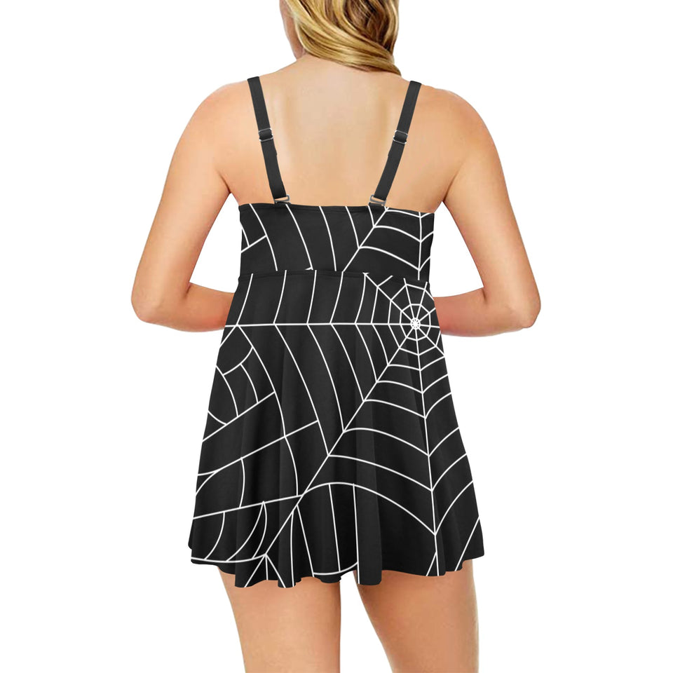 Spider web pattern Black background white cobweb Chest Sexy Pleated Two Piece Swim Dress