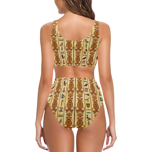 Egypt Hieroglyphics Pattern Print Design 04 Chest Bowknot High Waisted Bikini Swimsuit