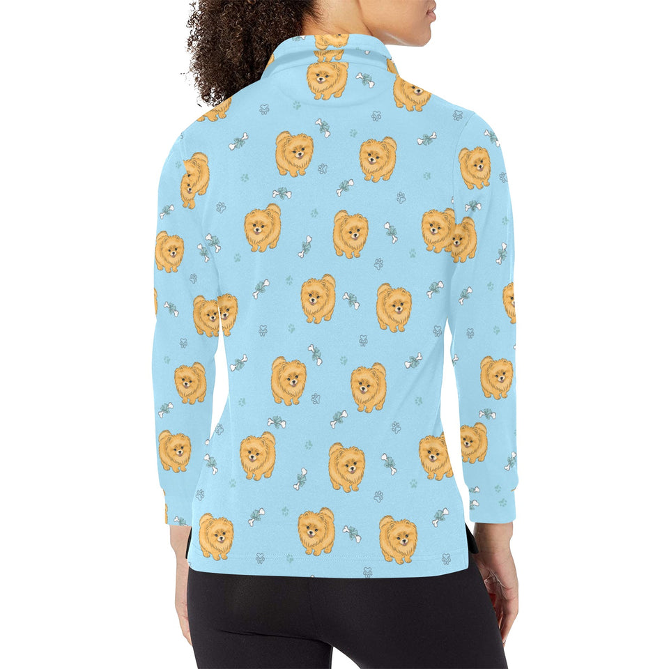 Brown cute pomeranian blue blackground Women's Long Sleeve Polo Shirt