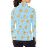 Brown cute pomeranian blue blackground Women's Long Sleeve Polo Shirt