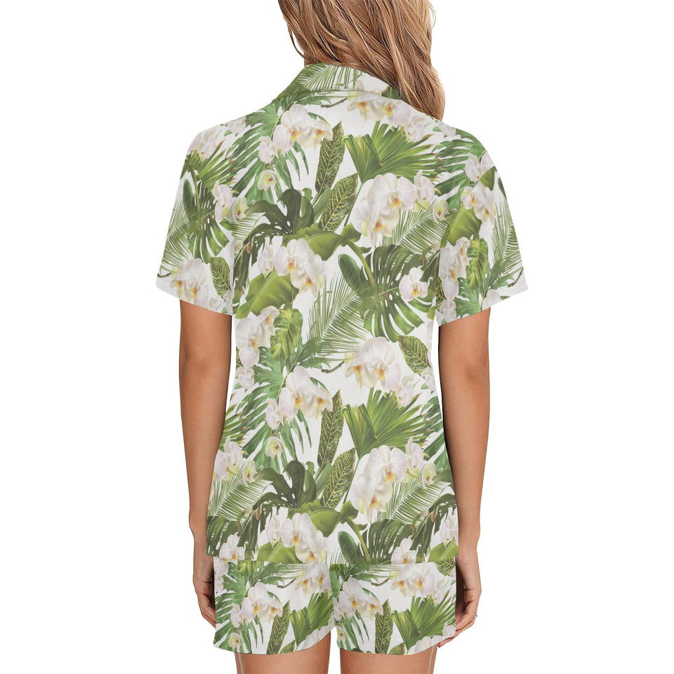 White orchid flower tropical leaves pattern Women's V-Neck Short Pajama Set